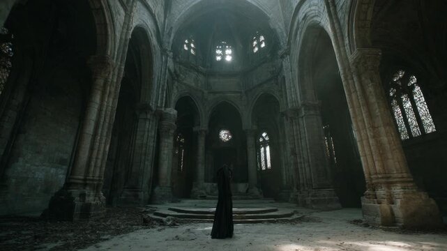 Mystical dark angel spreading black wings in an abandoned and ruined gothic cathedral