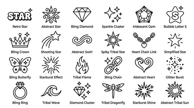 Retro star abstract star bling diamond sparkle cluster iridescent gem bubble letter s bling crown shooting star abstract swirl spiky tribal star heart chain link simplified