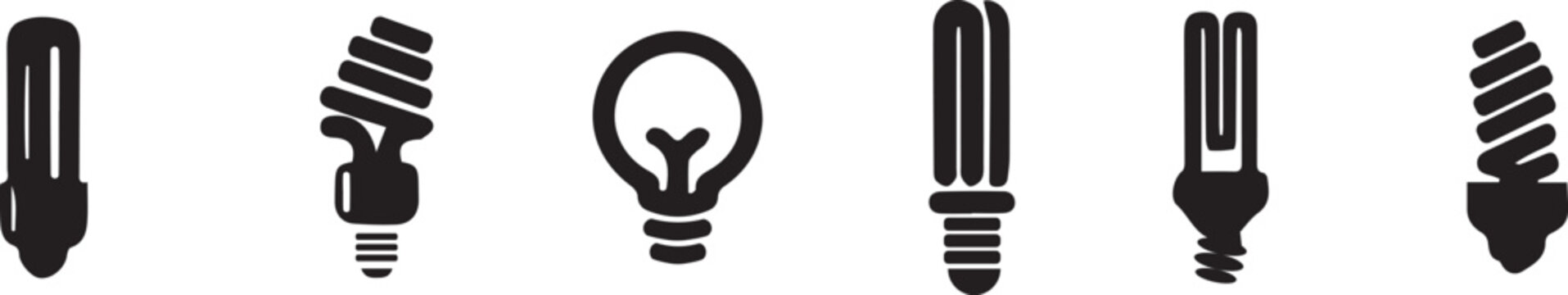 Glowing light bulb line and silhouette icon set vector illustration featuring incandescent led and fluorescent lamps, vector 