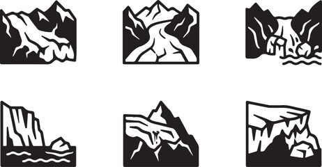 Fototapeta premium Black and white mountain and waterfall vector icons set Vector