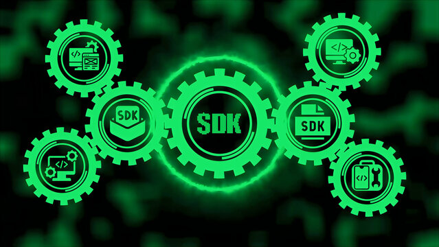 A green glowing digital showing a central gear labeled sdk surrounded by smaller interconnected gears featuring software development on a dark textured background, for technology