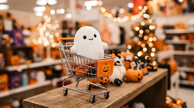 Cute ghost plushie sitting in a miniature shopping cart in a store