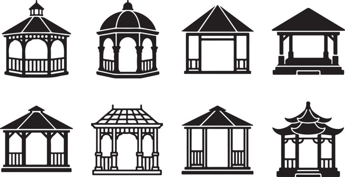 Eight elegant gazebo designs in black and white vector style Vector