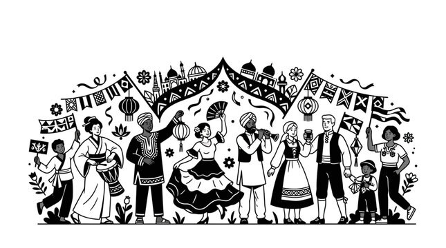 Diverse People Celebrating Culture Diversity and Unity with Flags and Music