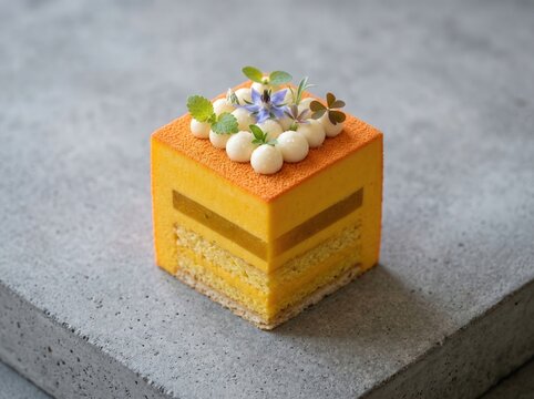 A vibrant yellow and orange square gourmet dessert featuring luscious layers and delicate white spheres with fresh herbs and flowers October 14 national dessert day
