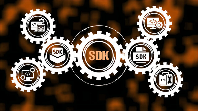 Software development kit sdk concept with glowing white interconnected gear on an orange textured background, representing programming tools, and integrated digital, application systems