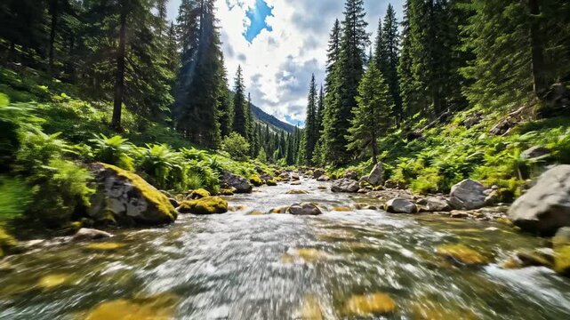 Flowing mountain stream through a vibrant green pine forest with mossy rocks and dappled sunlight