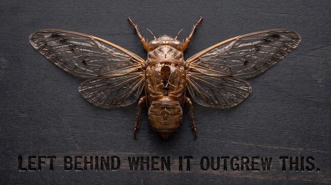 A cicada molt with outspread wings on dark wood above the carved words 'Left behind when it outgrew this', symbolizing personal growth, metamorphosis, and shedding old identities.