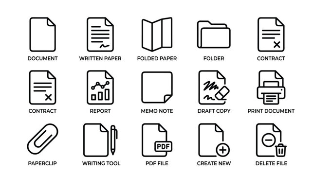 Set of file and document management vector icons, depicting actions like creating, printing, and deleting various types of files.