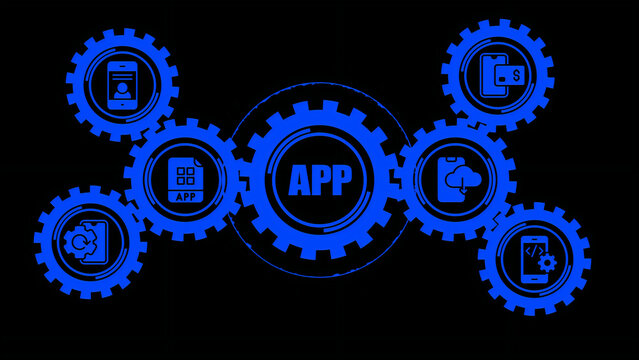 Mobile application development concept with a central gear labeled app surrounded by smaller gears featuring of smartphone interfaces, cloud storage, coding, and digital payment systems
