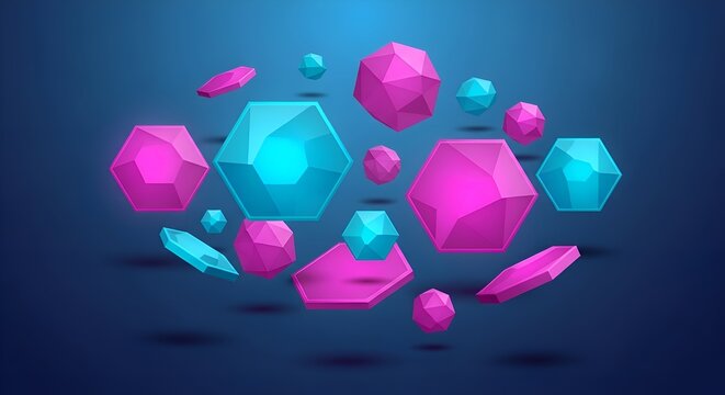 Abstract geometric shapes floating on dark blue background, pink and cyan.