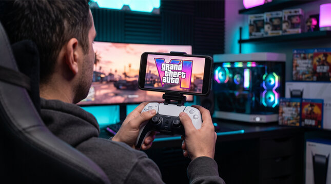 Point of view of a gamer playing upcoming Grand Theft Auto VI (GTA 6) video game on a smartphone screen attached to a Playstation 5 PS5 DualSense controller in a neon-lit room with a gaming PC.