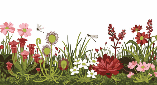 Botanical illustration of a bog garden border featuring carnivorous sundews, pitcher plants, various wildflowers, frogs, and damselflies on mossy ground against a white background.