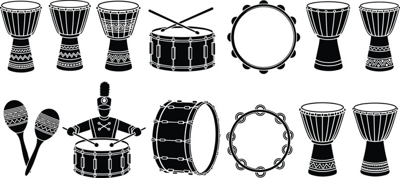 Collection of drum silhouettes including djembe snare tambourine and maracas with marching band player isolated on white background for music rhythm and percussion design