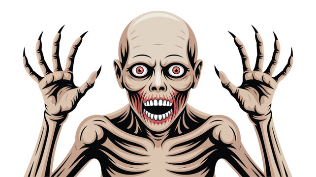 Terrifying pale creature with exposed teeth and menacing clawed hands raised