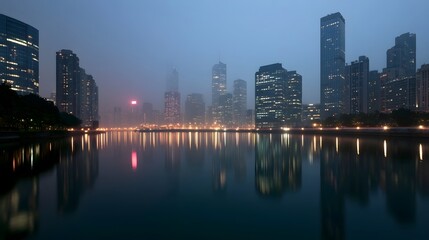 Naklejka premium Ethereal urban skyline reflections create a sense of harmony on the ground level
