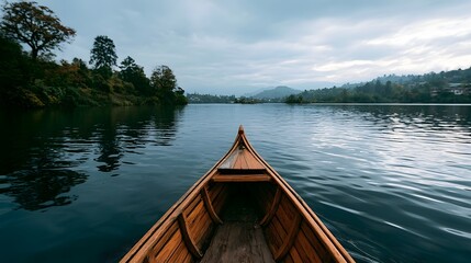 Fototapeta premium A gondola ride glides across a calm lake showcasing intricate details against a peaceful natural backdrop