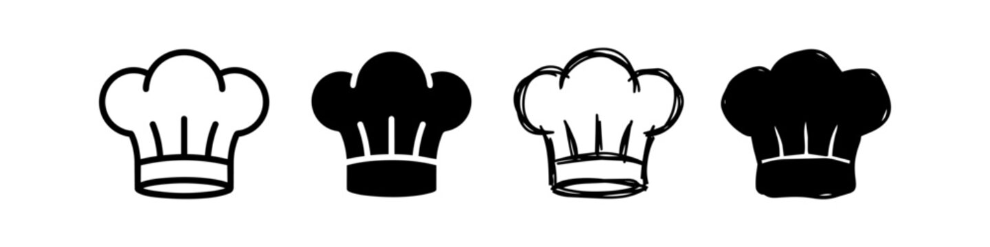 Set of four chef hat icons in various styles, including outline, solid, and hand-drawn doodles. Perfect for culinary logos, restaurant menus, and kitchen branding.