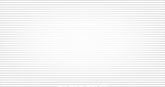 Abstract wide linear halftone dots gradient vector background texture. Panoramic horizontal black dotted pattern with center fade, retro pop art comic style wallpaper for website banner and poster des