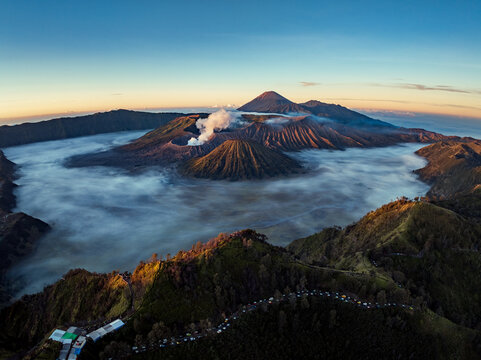 Aerial drone view of Bromo active volcano with Kingkong hill viewpoint, Tengger Semeru national park, East Java, Indonesia