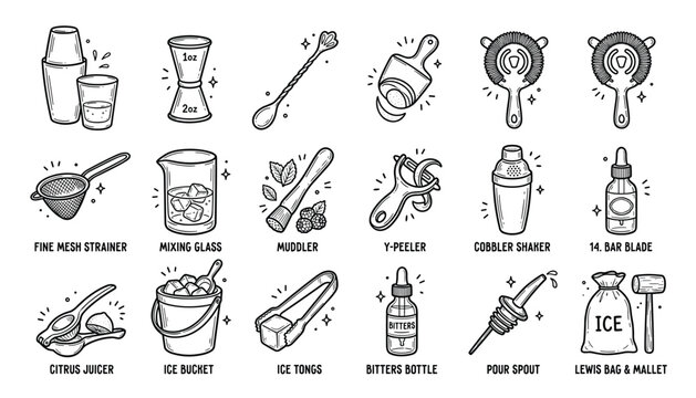 Bar equipment and tools for drink making transparent vector icons.