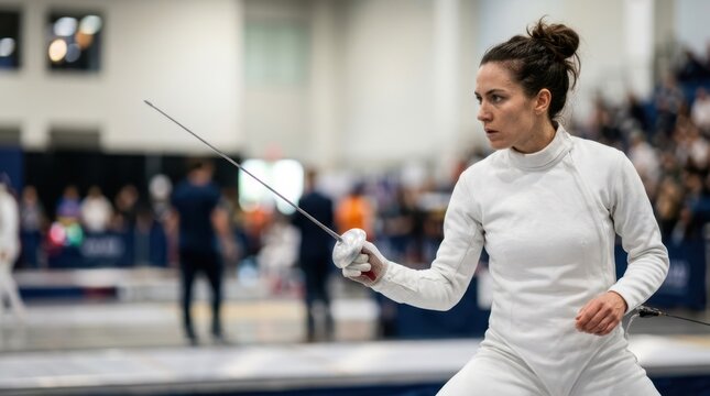 Focused fencer in a white uniform holding a foil in an en garde stance, concentrated and ready for a match at an indoor arena.