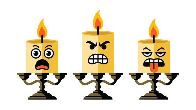 Three animated cartoon candles on antique candelabras displaying shocked, angry, and disgusted expressions