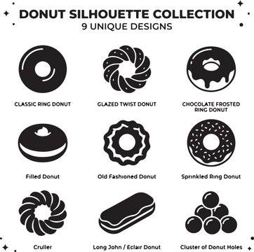 Donut silhouette collection with 9 unique designs, black pastry icons set, assorted bakery sweets vector including cruller and eclair for cafe menus