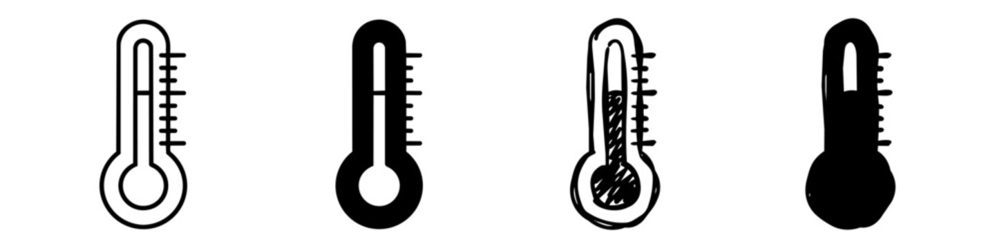 Set of four thermometer icons in various styles including outline, solid, and hand-drawn sketches. Ideal for weather, medical, and temperature-related design projects.