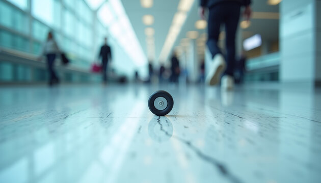 Floor-level tracking shot of a spinning luggage wheel on a polished airport terminal floor.