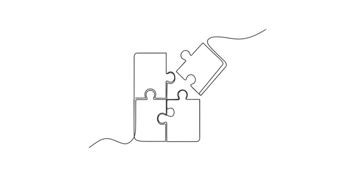 Continuous one line drawing of a puzzle game with connecting pieces