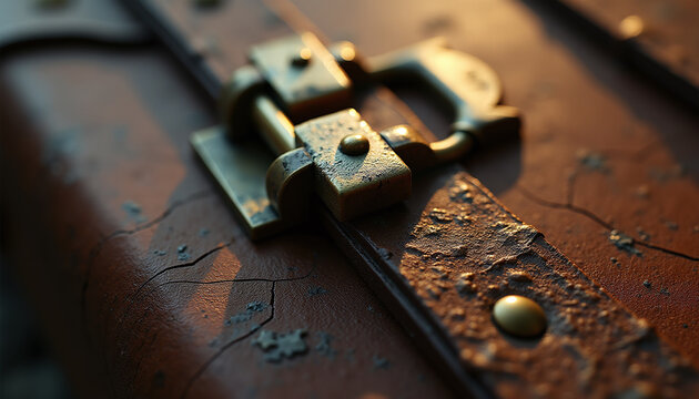 Macro texture of a scratched brass lock on distressed vintage brown leather luggage.