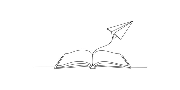 Continuous single line drawing of an open book with a flying paper plane coming out of pages representing imagination and education concept