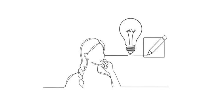 Continuous line drawing of a woman thinking of a new idea with a light bulb and a pencil writing on paper