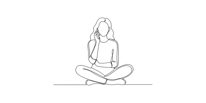 Continuous single line drawing of a young woman sitting on the floor and talking on a mobile phone