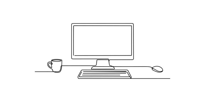 Continuous single line drawing of a computer monitor with a keyboard and a coffee cup on a desk