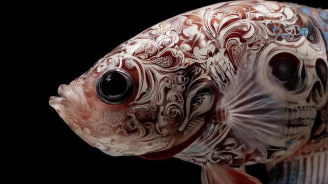 Close up of a vibrant betta fish with intricate patterns against a dark backdrop