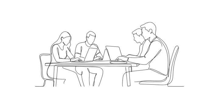 Group of business people working together on laptops at a table in a simple continuous line art style