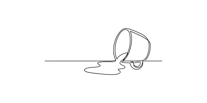 Continuous single line drawing of a coffee cup spilled on the table with liquid pouring out