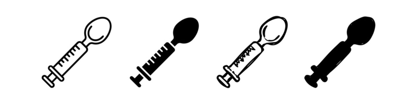 Set of four syringe spoon icons in various styles for infant oral medicine administration. Black and white vector illustrations for medical design.