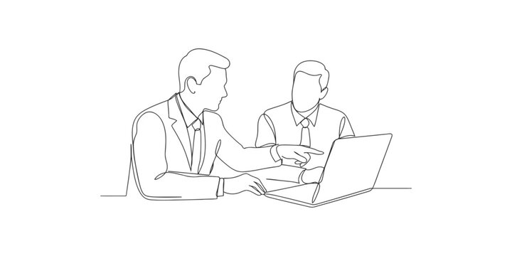 Two business men working together on a laptop computer in a continuous line drawing style showing professional teamwork and corporate collaboration in a modern office setting