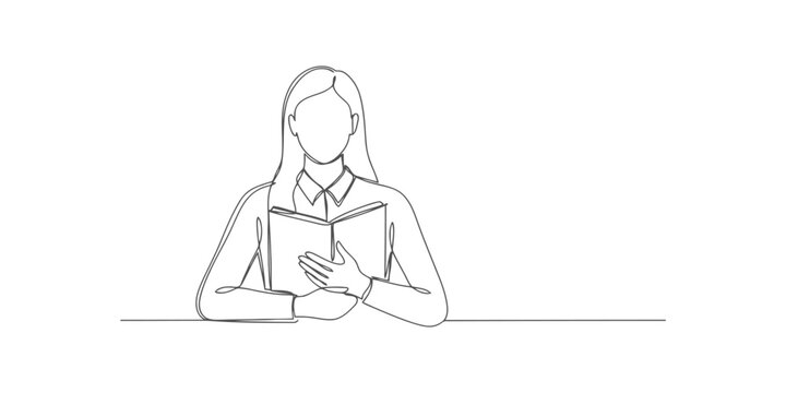 Continuous one line drawing of a young woman sitting at a desk and reading a book