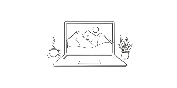 Continuous single line drawing of an open laptop with mountain scenery on the screen, a small coffee cup and a houseplant on a desk workspace