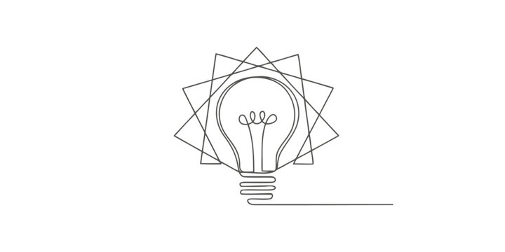 Continuous single line drawing of a bright light bulb with geometric star shape representing a creative idea and innovation concept for business and education solutions
