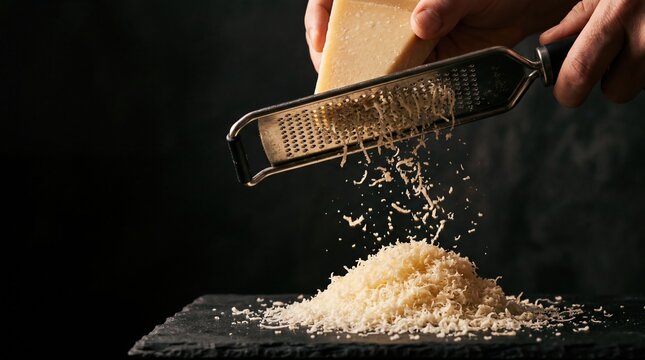 A hand grating cheese over a pile of grated cheese on a dark surface. The scene highlights culinary preparation and food texture.