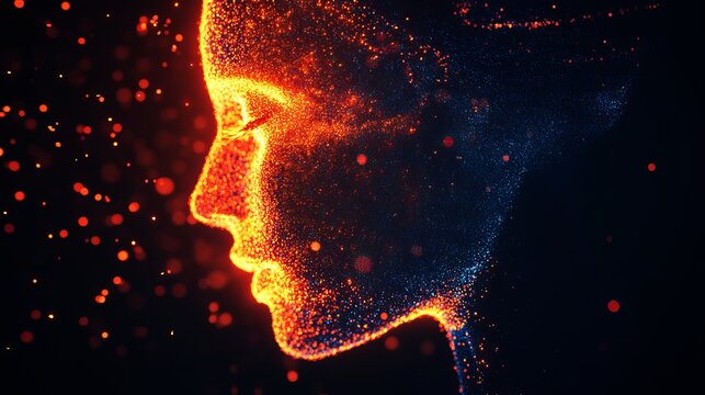 Profile of a human face formed by glowing orange and blue particles against a dark background in digital art style