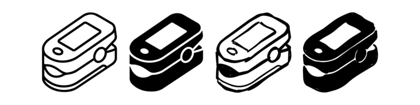 Isometric pulse oximeter icon set. Vector and hand-drawn styles. Medical tool for oxygen and heart rate monitoring. Black and white graphics.