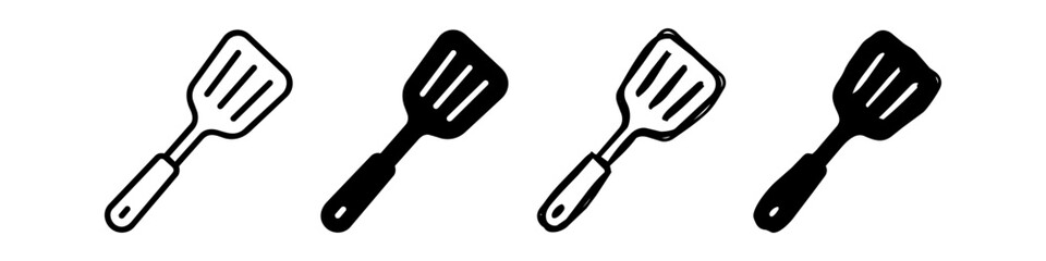 Set of four kitchen spatula icons in various styles, including outline, solid, and hand-drawn doodle versions, perfect for culinary and cooking-themed designs. © Nort Kor