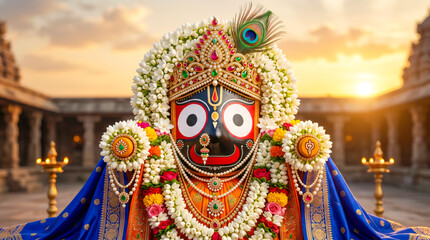 Naklejka premium Sacred Lord Jagannath Idol Decorated with Beli Flower Garlands and Traditional Temple Ornaments
