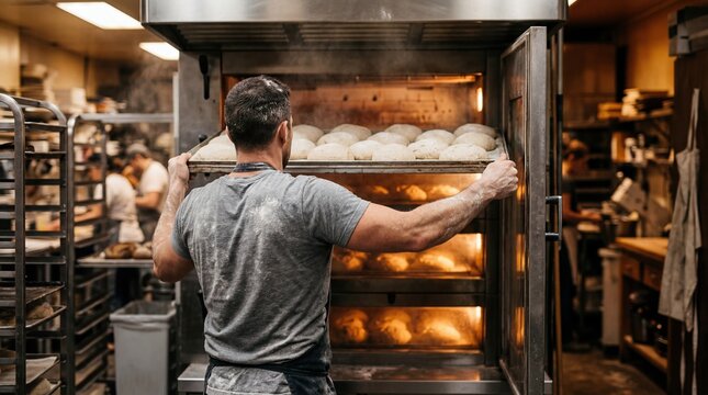 A muscular Hispanic man with short hair pulls trays of freshly baked bread from a commercial oven in a busy bakery. The kitchen is filled with baking equipment and warm lighting.